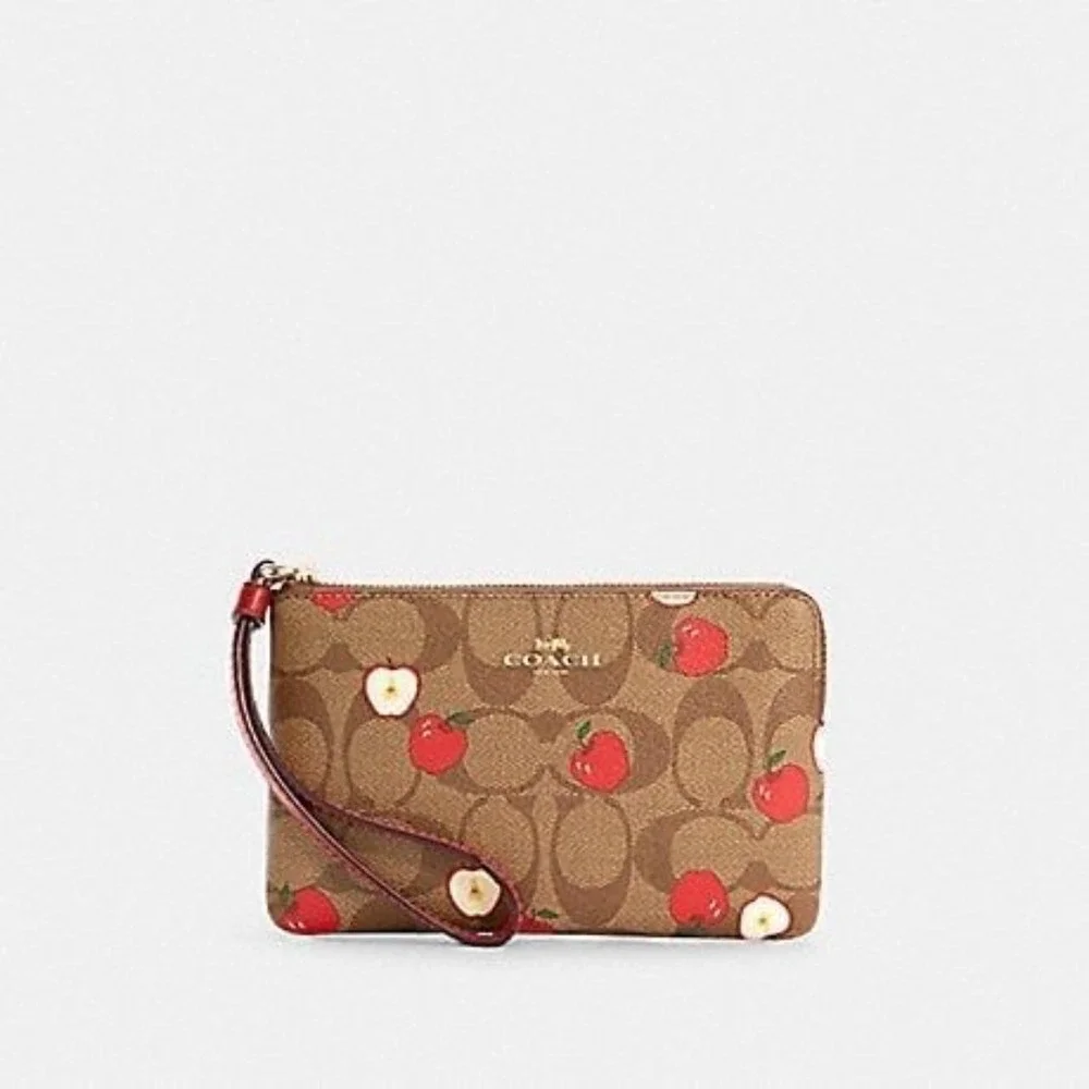 COACH Corner Zip Wristlet In Signature Canvas With Apple Print NWT